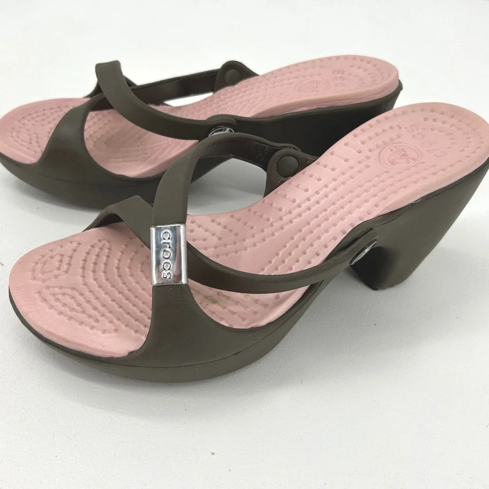 Crocs Cyprus II Women 7 Brown Pink Strappy High Heel Sandals Platform 10842